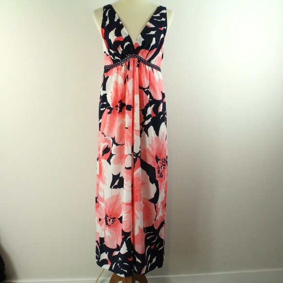 Oscar De La Renta Satin Floral Navy Pink V-Neckline Empire Waist Midi Dress L - Picture 1 of 6
